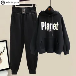 Autumn and Winter Women's Set New Korean Thickened Sweatpants Set Female Student High Collar Hooded Top Two Piece Set