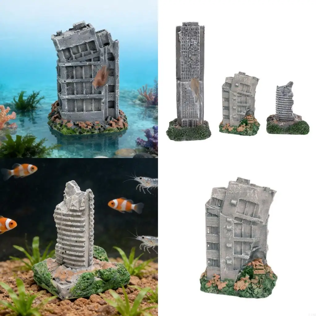 F19B Ruined City Building Model Fishtank Decoration Pack Of 3 Resin Aquarium Ornament For Fish Stimulation And Home Display