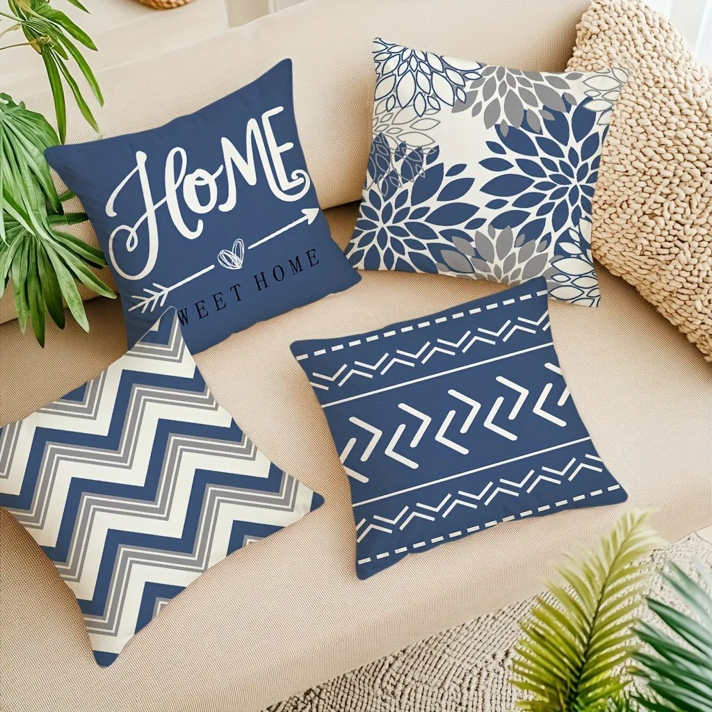 Blue and white geometric linen pillowcase sofa cushion cover home decoration can be customized for you 40x40 45x45 50x50