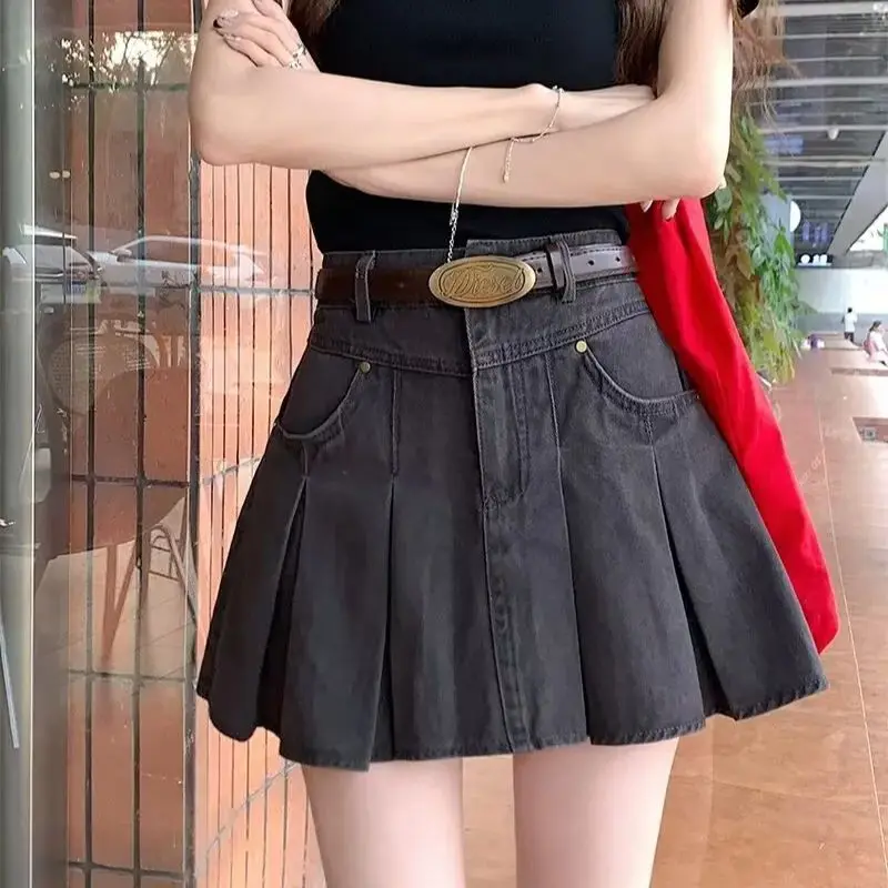 

Винтажная черная джинсовая плиссированная юбка для женщин, весенне-летний дизайн, с завышенной талией, утягивающая, А-силуэт, короткая юбка
