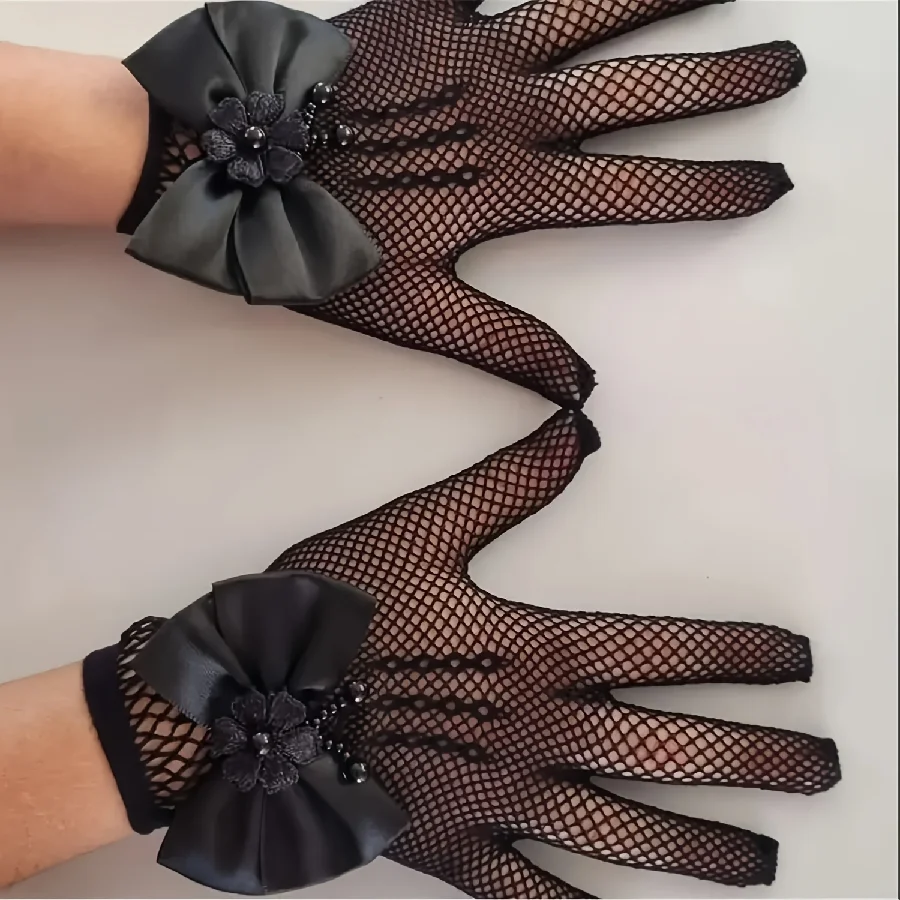 New Children\'s Mesh Bow Lace Pearl Fishing Net Gloves Children\'s Fashion Elegant High Elastic Short Gloves Party Gloves
