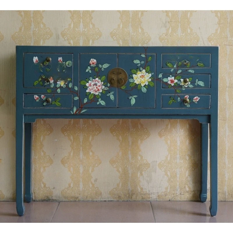 

Modern new Chinese style antique solid wood elm painted small strips, case desk hand-painted storage, entrance hall strips