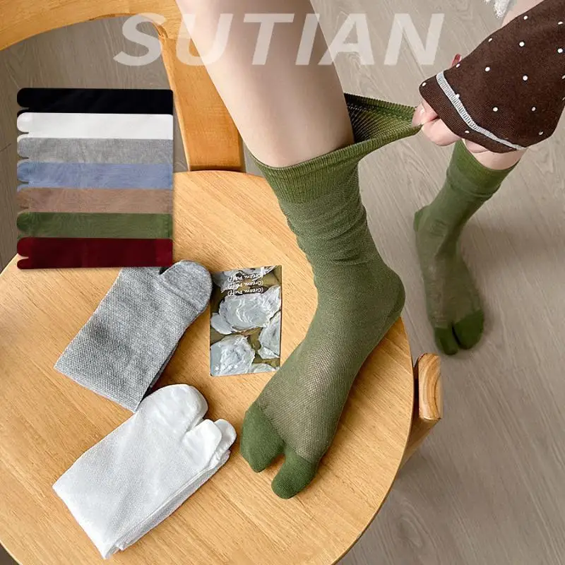 Summer Thin Tabi Socks Women 7 Colors Cotton Sheer Mesh Non Slip Seamless 2 Toe Separated Stacked Socks