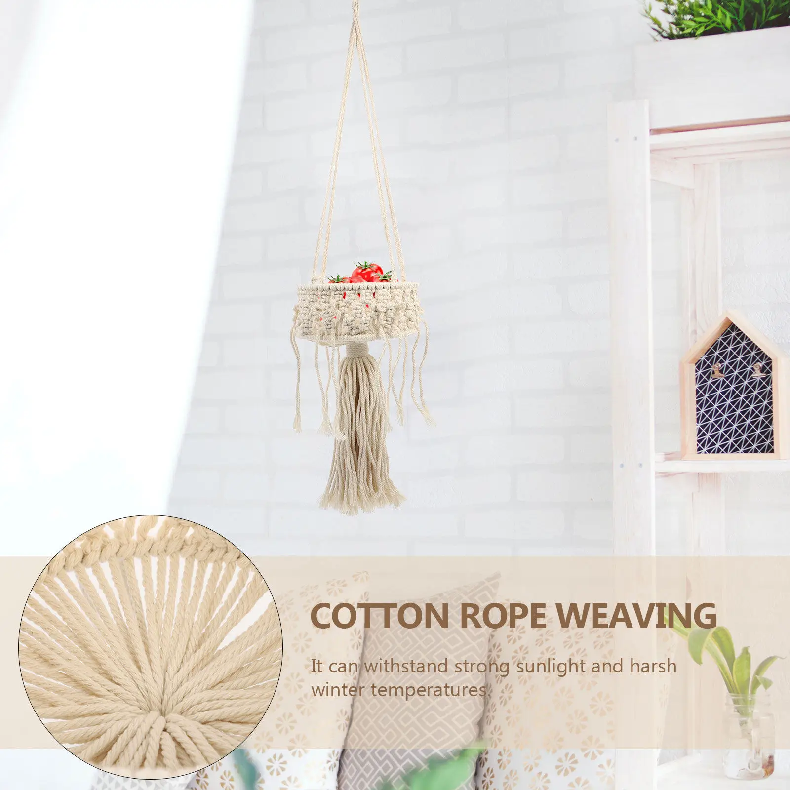 

1 шт. бежевая плетеная подвесная корзина из хлопкового каната, декоративный контейнер для растений в богемном стиле, изысканное исполнение, для использования в помещении