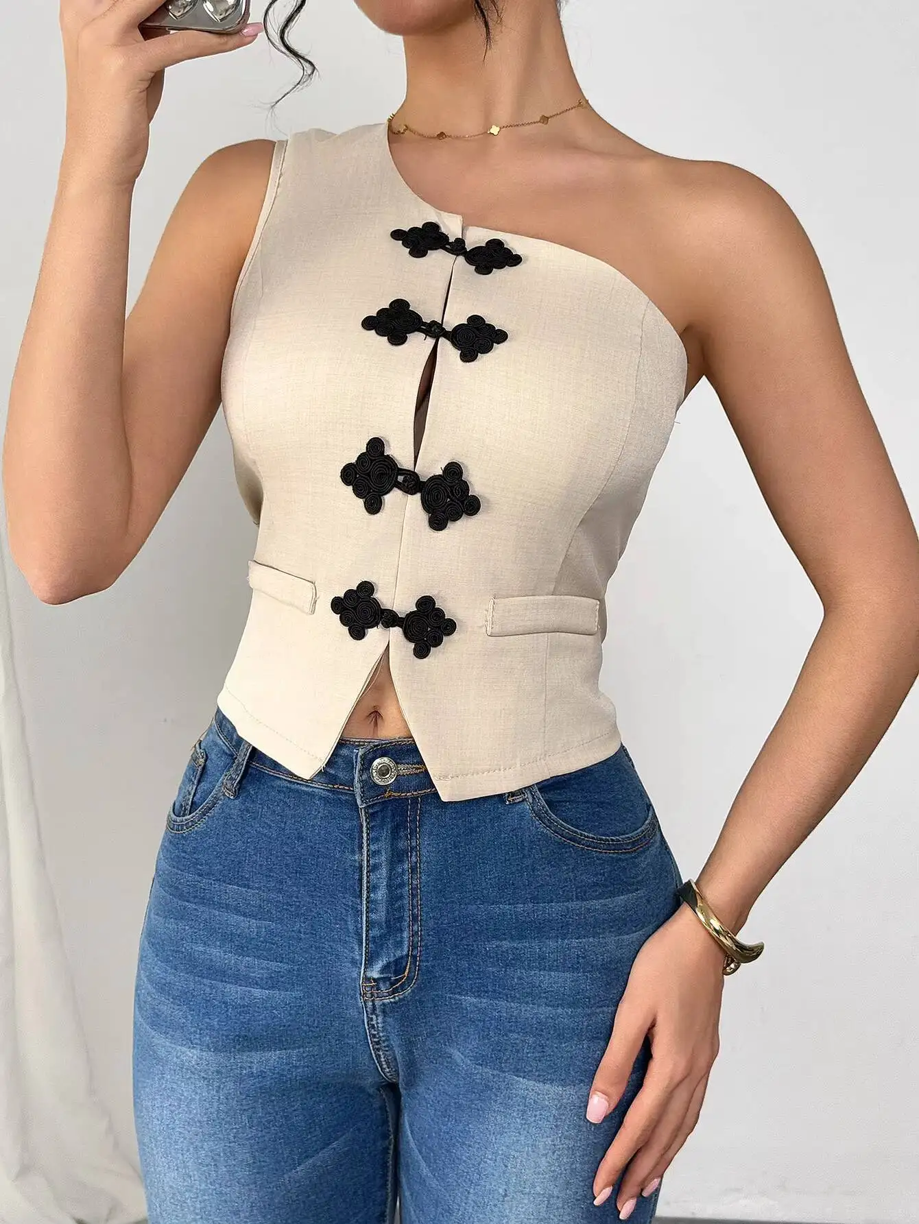 Beigefarbenes Crop-Top für Damen, asymmetrisch, eine Schulter, ärmellos, Weste, Frühling, Sommer, modisch, lässig, Tank-Top, Party, Streetwear, Bluse