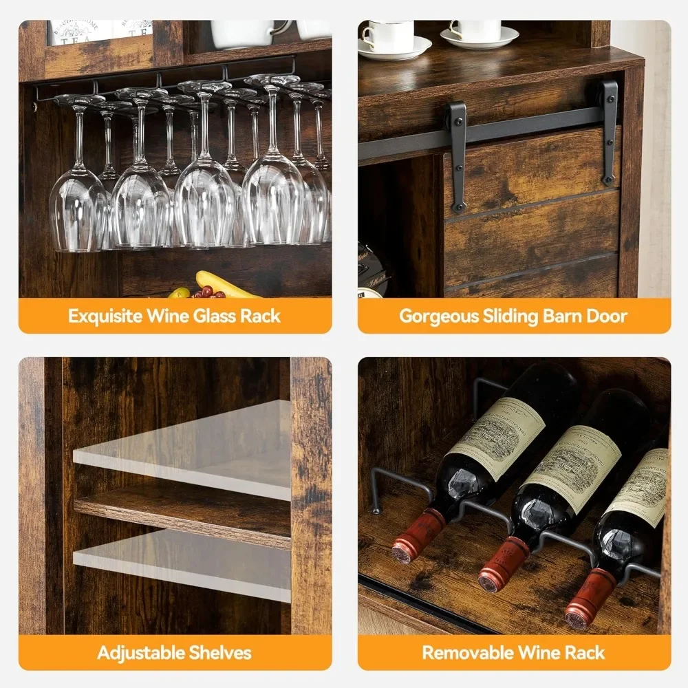 Cabinet alta do vinho com deslizante celeiro porta, armazenamento prateleiras, vinho e copos Rack, Farmhouse Bar armário, 70"