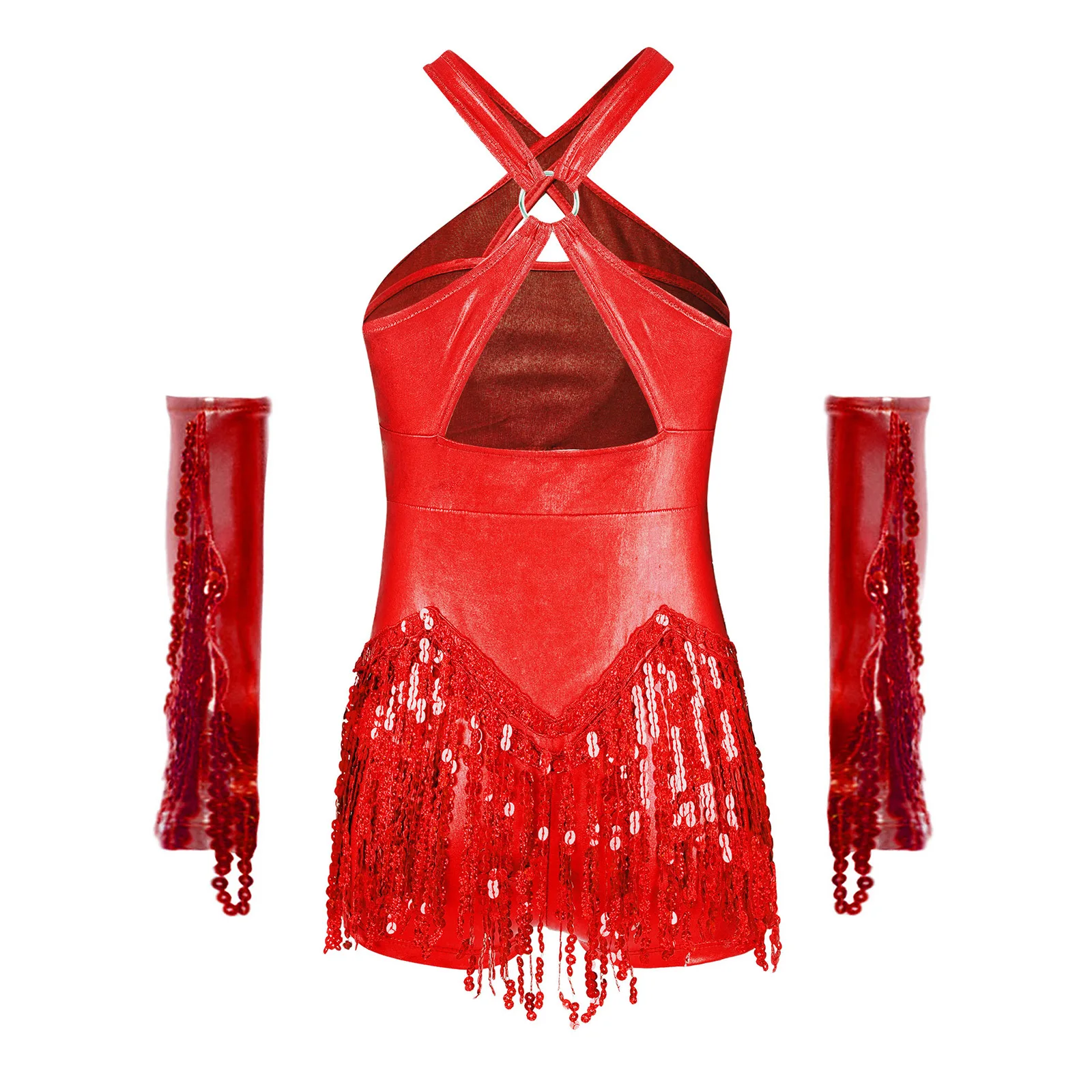 Kids Girls Latin Jazz Dance Sequins Tassel Leotard Dress with Fringe Metallic Gloves for Cha-Cha Samba Rumba Tango Performance