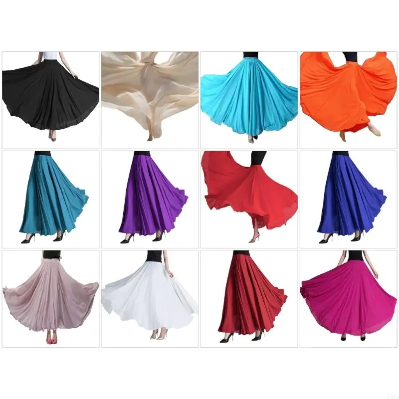 

P88A Women Big Swing Dance Performances Skirt Double Layers Elastic Waist Long Skirt for Festival and Carnivals Party