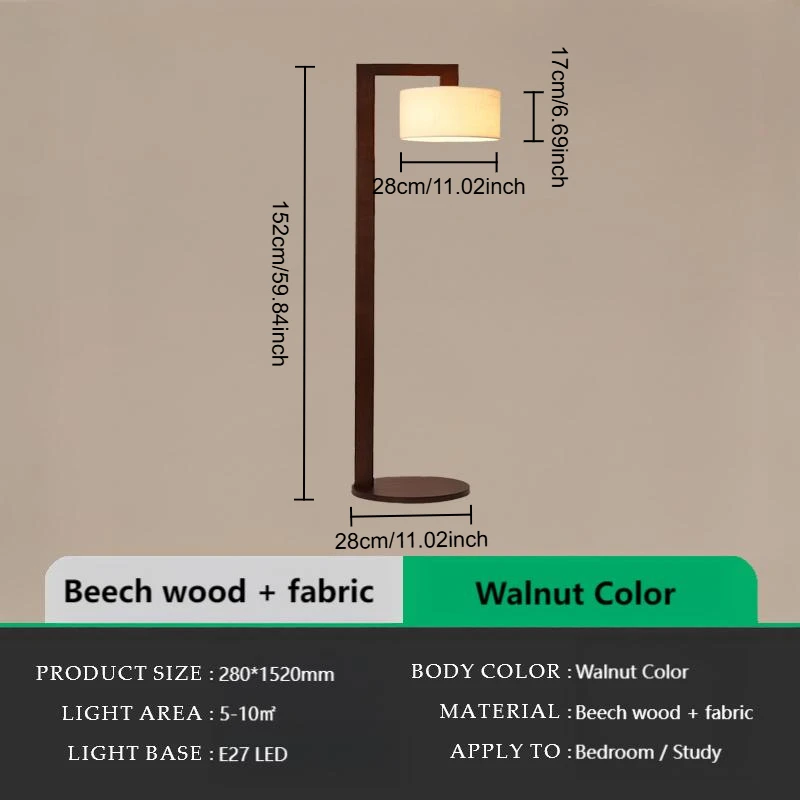 

Retro walnut-colored floor lamp for bedroom and living room, bedside lamp, retro Chinese-Nordic style solid wood floor lamp
