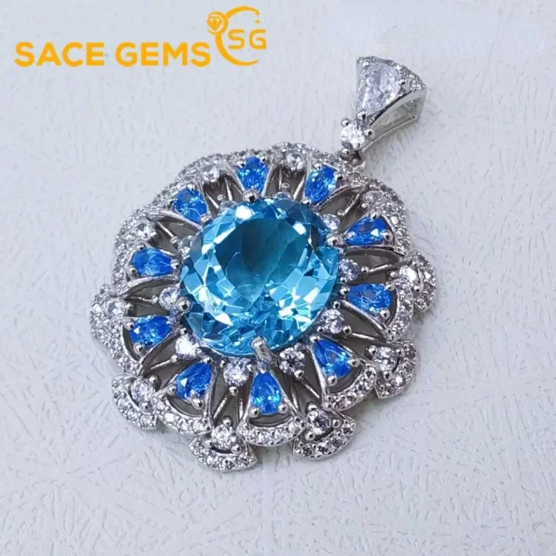 SACE GEMS Luxury 925 Sterling Silver 10*12MM Natual Sky Blue Topaz Pendant Necklace for Women Cocktail Party Fine Jewelry Gift