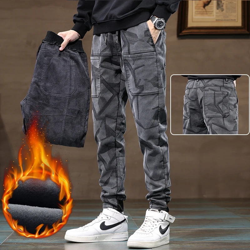 

Thick Fleece Men's Cargo Pants Winter Cotton Comfortable Durable Casual Pants Soft High Elasticity Six Pocket Denim Trouser Warm