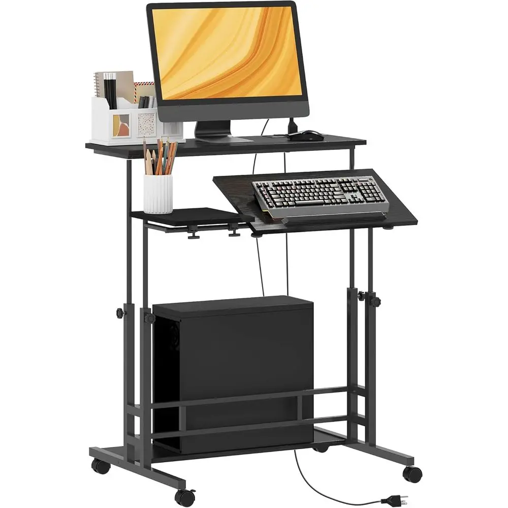 

Height Adjustable Standing Desk with Power Outlets, Stand Up Desk with able Tabletop, Lockable Wheels, Bottom Shel, Rolling Work