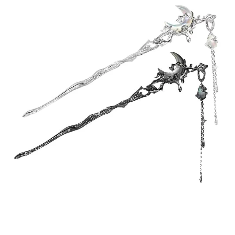 Ciemny gotycki czarny księżyc fajny Y2k nowy chiński styl Retro damski szpilka do włosów szpilka geometryczne akcesoria