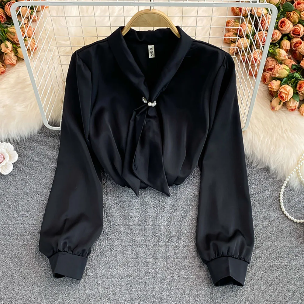 

Korean Style Chic Laceing V-Neck Women Blouse Fashion All-matched Long Sleeve Satin Shirts 2023 Spring New Female Tops