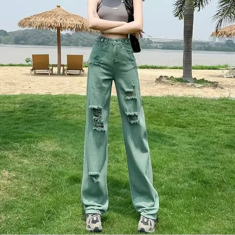 Adjustable Green Straight Leg Ripped Jeans Women's Summer Spring Denim Pants New Thin Spicy Girl Show Thin Wide-legged Trousers