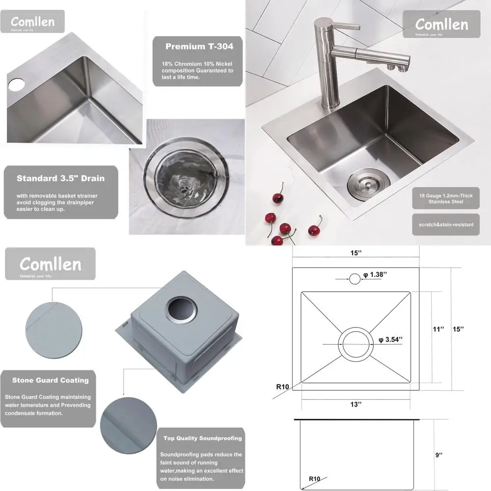 

15x15 Top Mount Single Bowl Bar Sink, 9 Deep, 18 Gauge Stainless Steel, Brushed Nickel Finish, Outdoor & RV Use with Grid & Stra