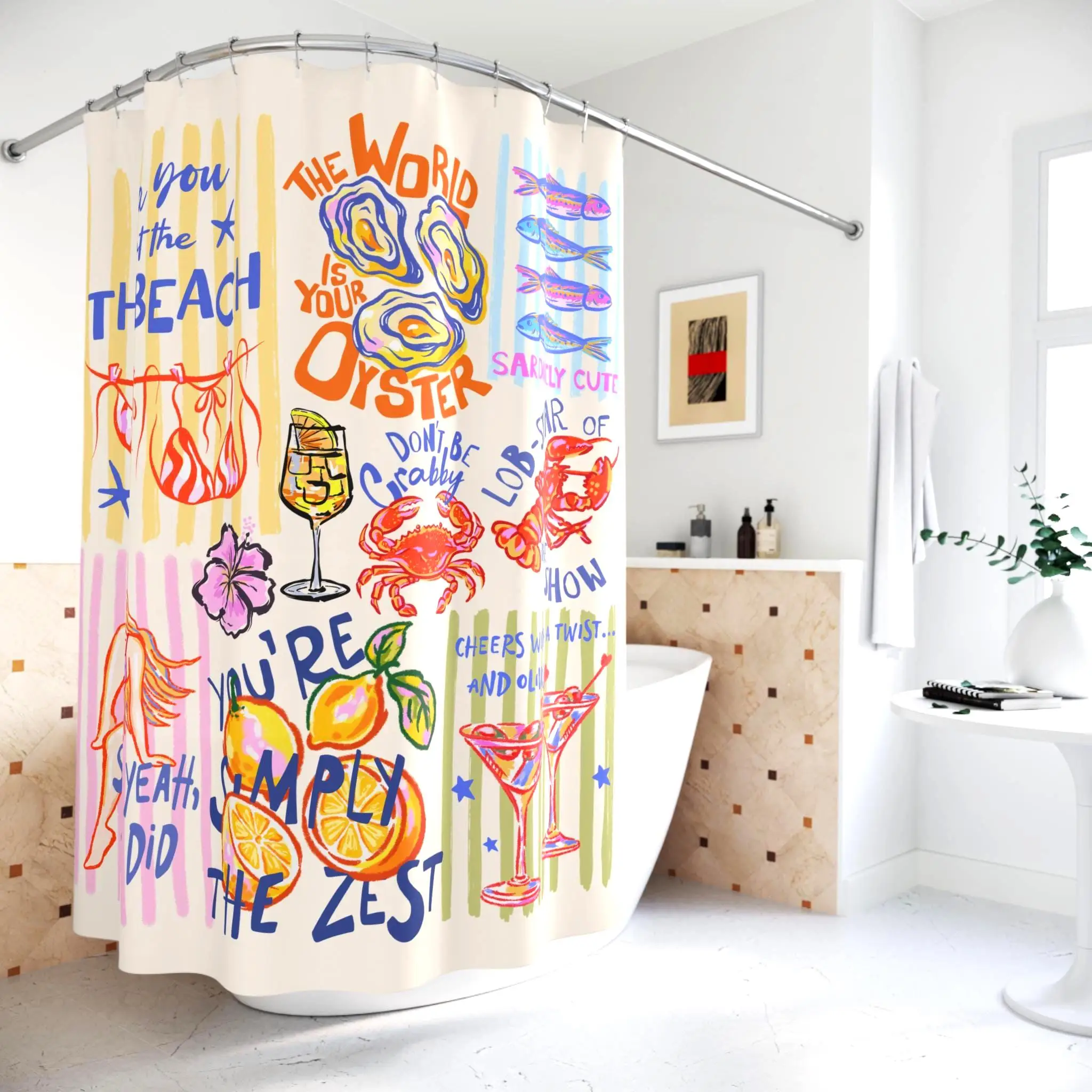 Funny Seafood The Beach Life Ocean Vibes Shower Curtain Kitchen Bathroom Decor Gift for Lovers