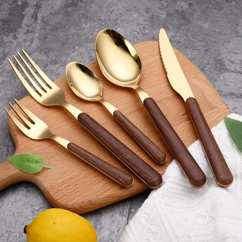 Trendy INS Wooden Handle Steak Knife Fork Spoon Gold Plated Hotel Western Dining Utensils Stainless Steel Cutlery Set