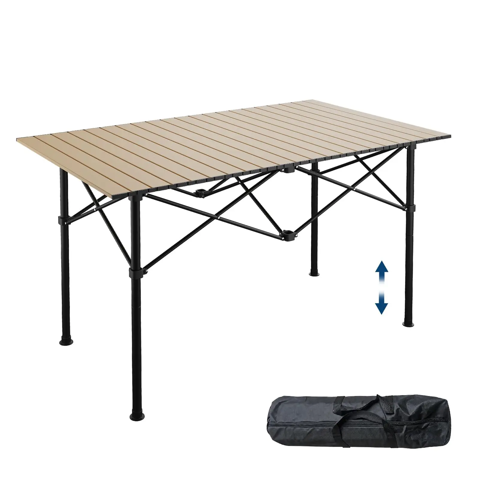 Adjustable Height Folding Camping Table, Portable Aluminum Roll Up Table With Carry Bag, 110lb Outdoor BBQ Patio Beach