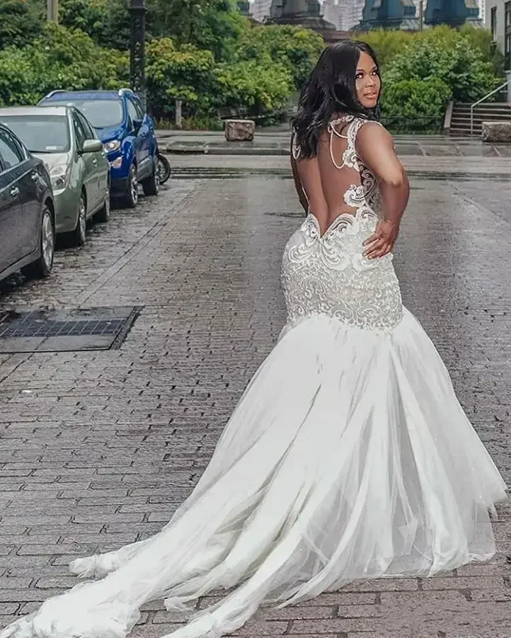 Suknie ślubne w stylu afrykańskim, na ramiączkach spaghetti, o kroju syreny, z trenem, z iluzorycznym dekoltem na plecach, koronkowe, o kroju trąbki, Vestidos Robe De Mariee