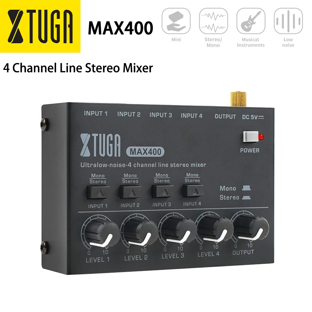 XTUGA 4 Channel Ultra Low Noise Stereo Line Mixer Mini Professional Sound Mixer Power Supply DC5V Easy Operation Audios Mixer