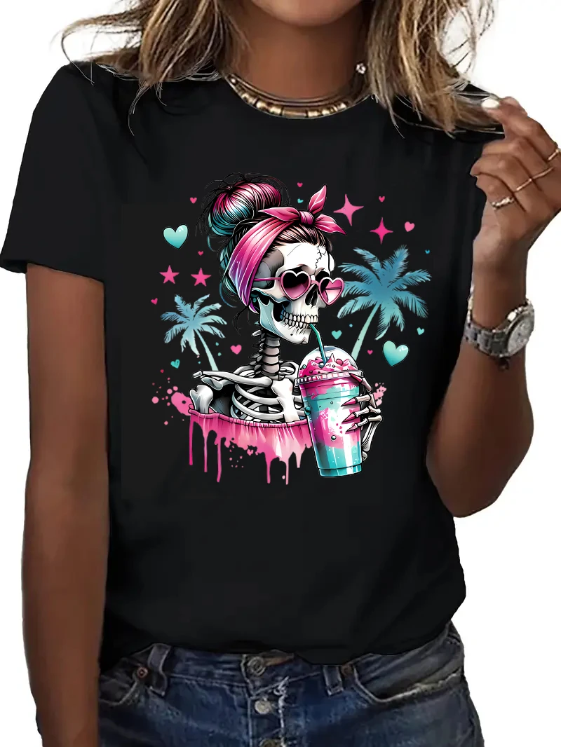 Skull Print Tshirt 90s Hip Hop Women'S Casual Graphic T-Shirt Short Sleeve T Shirt Clothing Top Tee women clothing