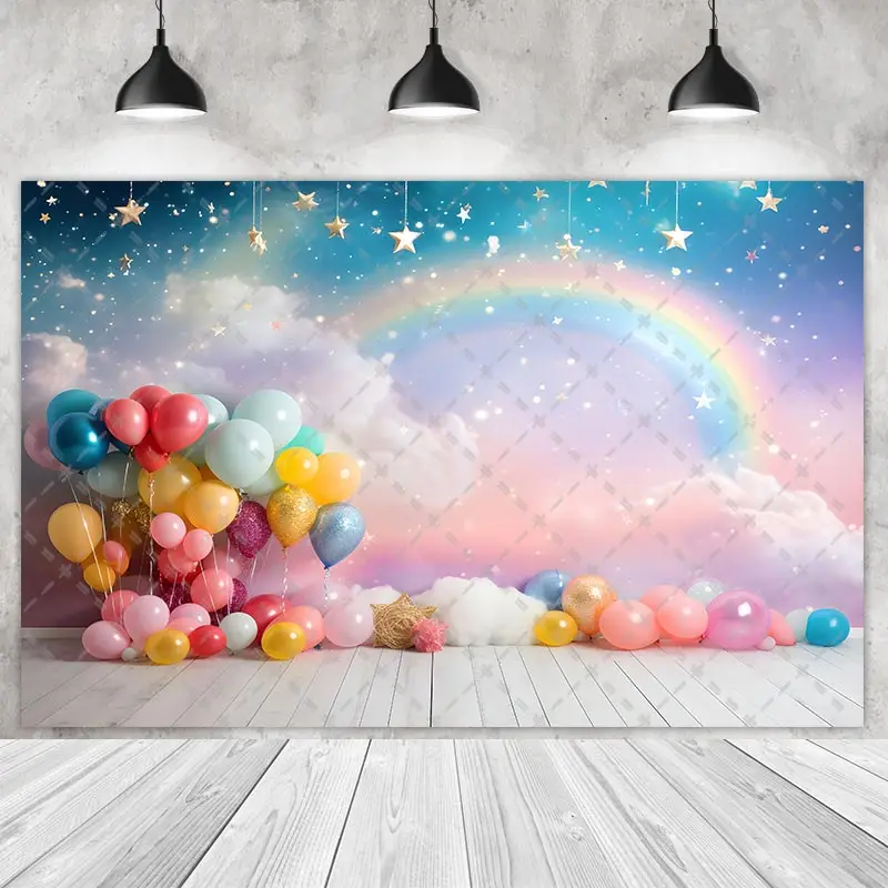 Rainbow Clouds Party Backdrops Girl Princess Birthday Photography Cake Smash Balloons Lights Stars Background Photo Shoot Studio