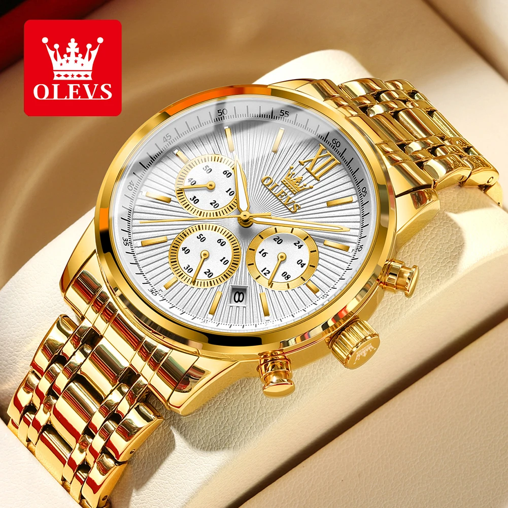 OLEVS Men\'s Watches Multifunctional Chronograph Original Quartz Wristwatch Waterproof Stainless Steel Luminous Fashion Trend