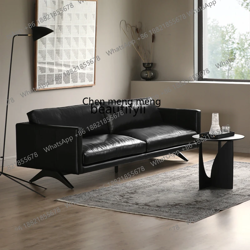 Nordic Genuine Leather Leather Sofa Chinese Style Three-Seat Black Sofa Living Room Furniture