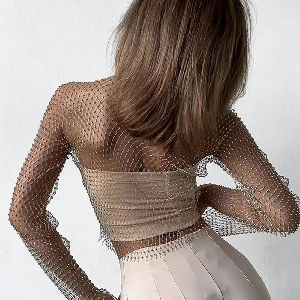 FestivalQueen Women\'s Sexy Bling Hollow Out Fishnet Grid T Shirt Full Sleeve Loose Women Luxury Diamonds Cover Up Beachwear Part