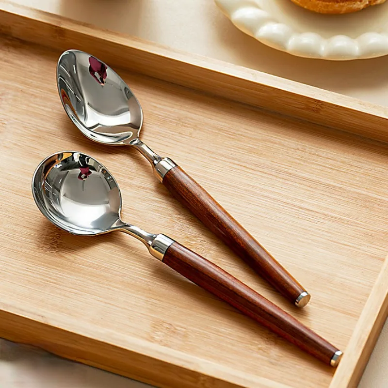 Red Guibao Wooden Scoop,High Appearance Wooden Handle 304 Stainless Steel Soup Spoons,Pointed Round Head Rice Spoon Cute Kitchen