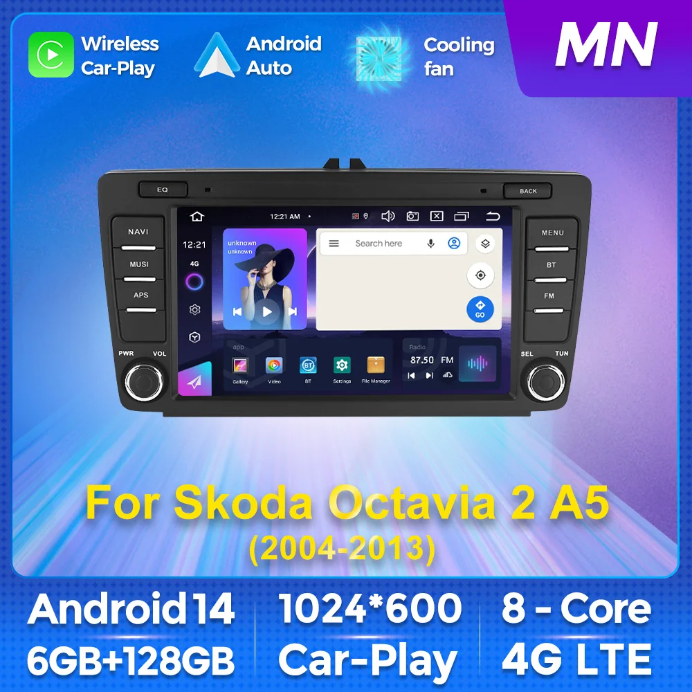 8Inch Android 14 Wireless CarPlay Auto Radio Multimedia Video Player GPS Navigation WIFI Stereo For Skoda Octavia 2 A5 2004-2013