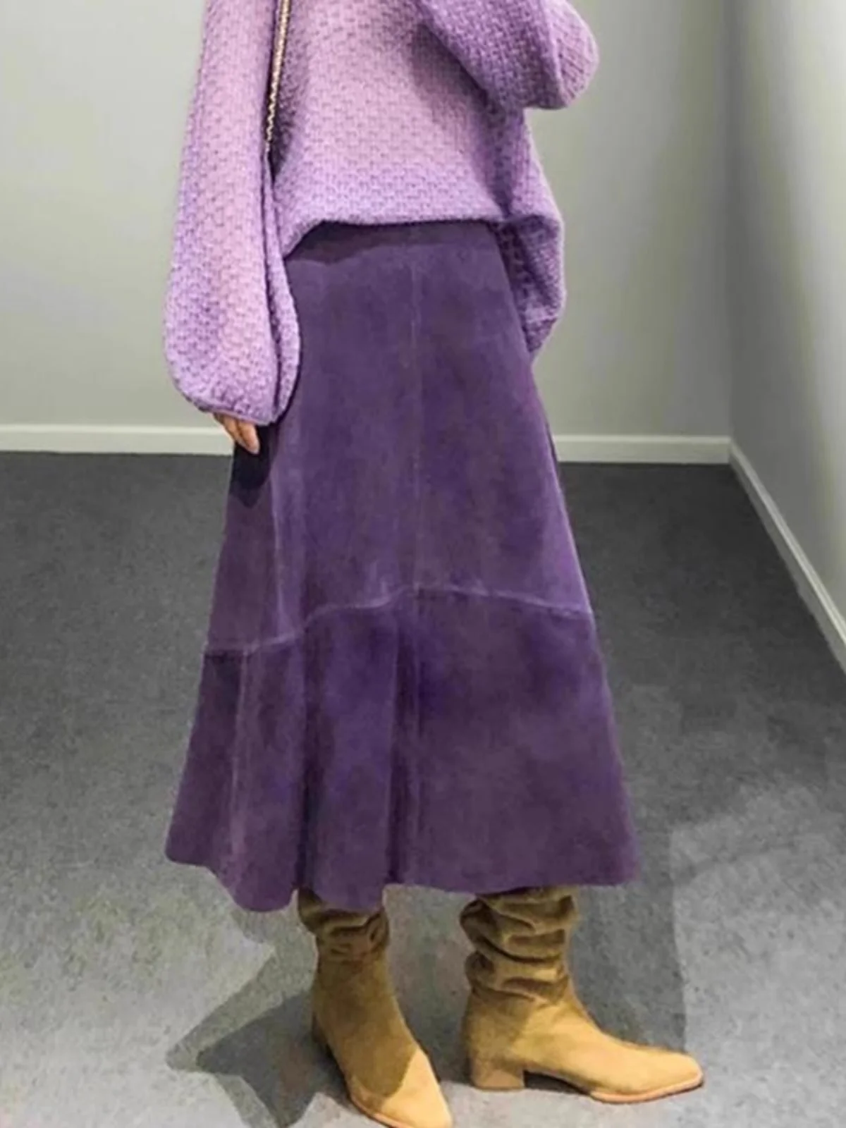 Purple Leather Skirt High Waist Loose Thickened Mid-Length A-Line Skirts Women's Autumn Winter Fashionable Slimming Skirts