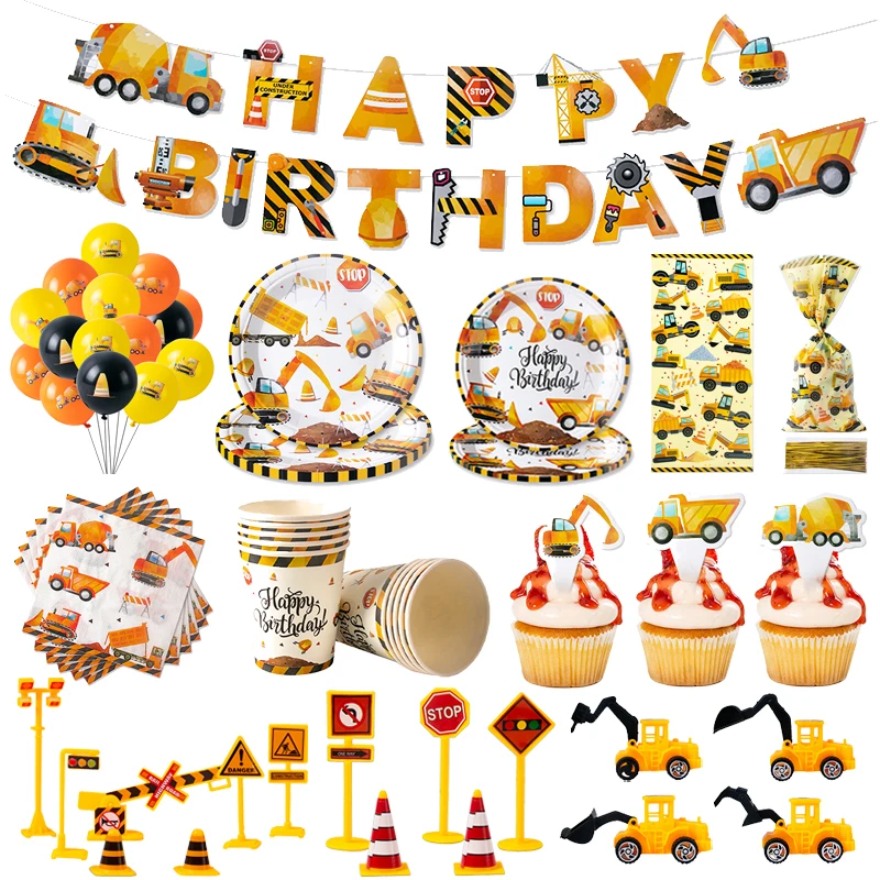 Construction Party Disposable Tableware Paper Banner Plate Cup Cake Topper Excavator Truck Tractor Theme Birthday Party Supplies