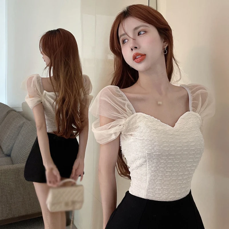 Women Korean version of the summer solid color square collar mesh patchwork slim fit sweet short sleeve top black one size