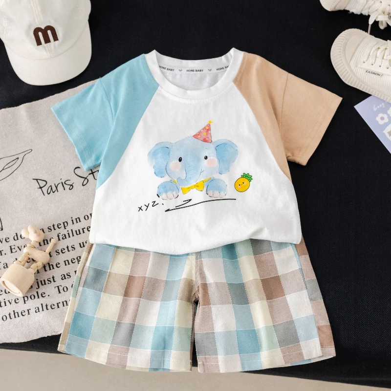 

Children Summer Suits Baby Clothing Kids Boys Cartoon Elephant Tshirt +Grid Shorts 2pcs/Set Toddler Boy Casual Clothes Outfits
