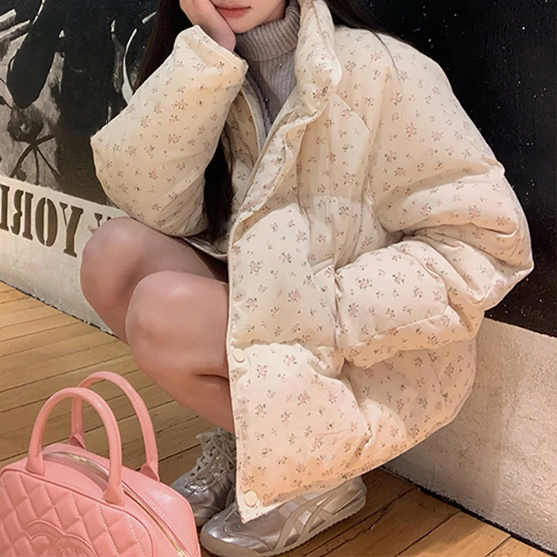 HELIAR Cappotto da donna in cotone caldo dolce stampato floreale Collo a lupetto Addensare Giacca imbottita in cotone a maniche lunghe Giacca casual da donna allentata