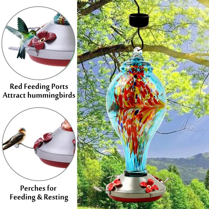 Colorful Hummingbird Food Feeder Hand Blown Glass Feeder Drinker Water Feeding Bowl for Yard Outdoor parrot accessories Colorfu