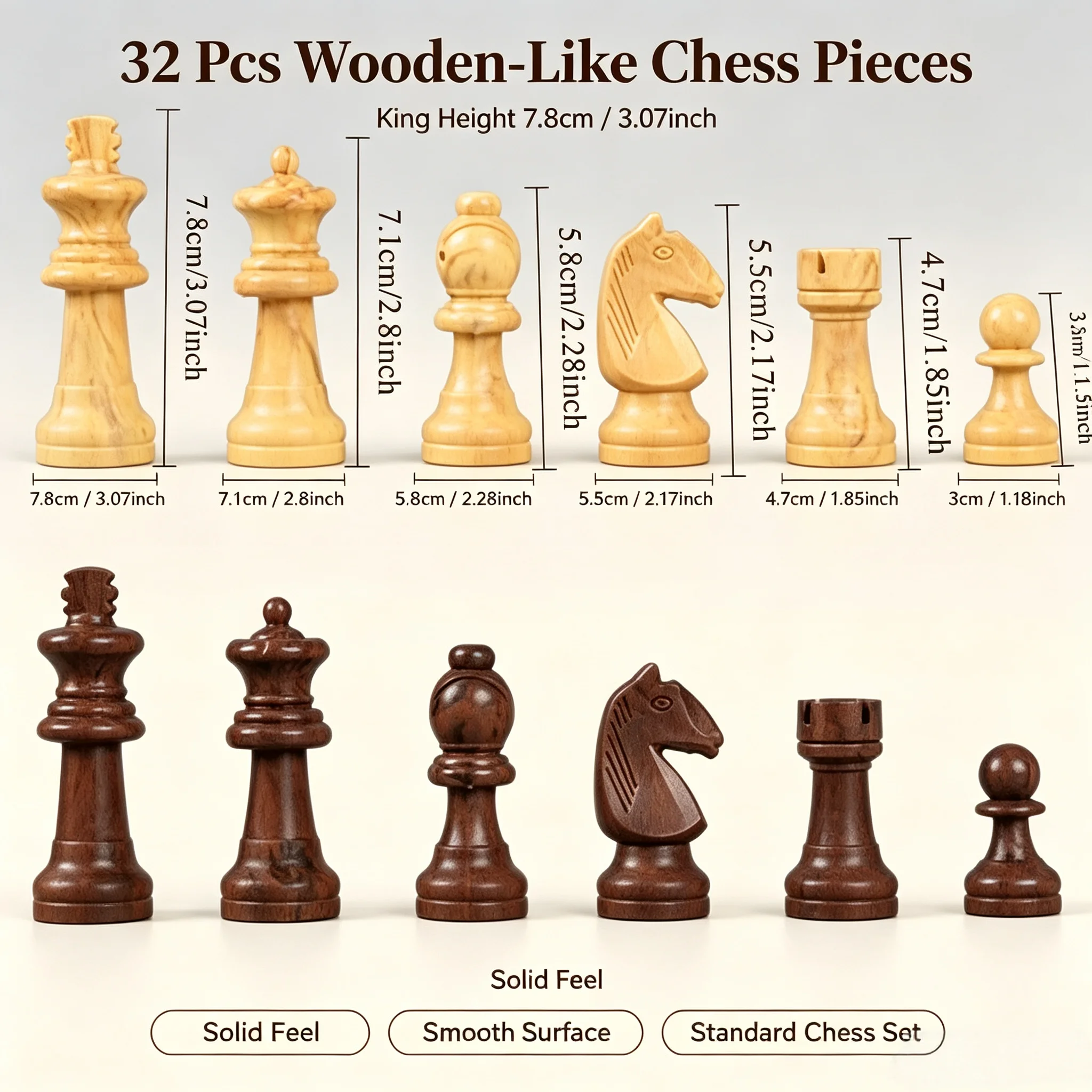 Solid Acrylic Chess Pieces Set 32 Pcs, King Height 7.8cm, Replacement Chessmen for Chess Board Game