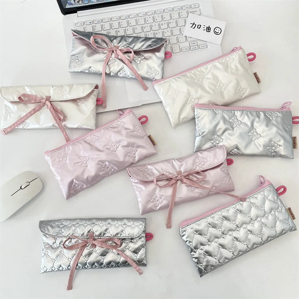 Quilted Bow Flip Pencil Case Women Portable Coin Purse Multifunctional Student Stationery Storage Bag