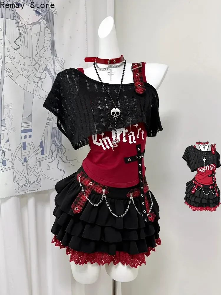 Chic Y2k Aesthetic  Women 2 Piece Set Cool Hot Girl Off Shoulder Patchwork Lace Camisole + Pleated Mini Skirt Daily Party Outfit