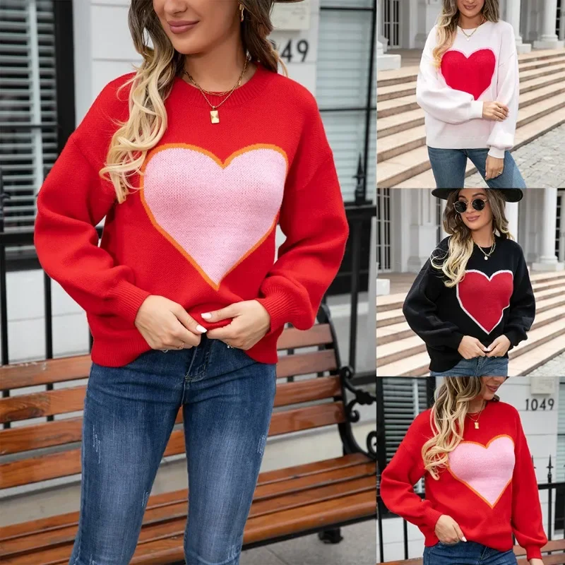 

Winter new big love Valentine's Day round neck knitted pullover sweater, large size peach heart sweater