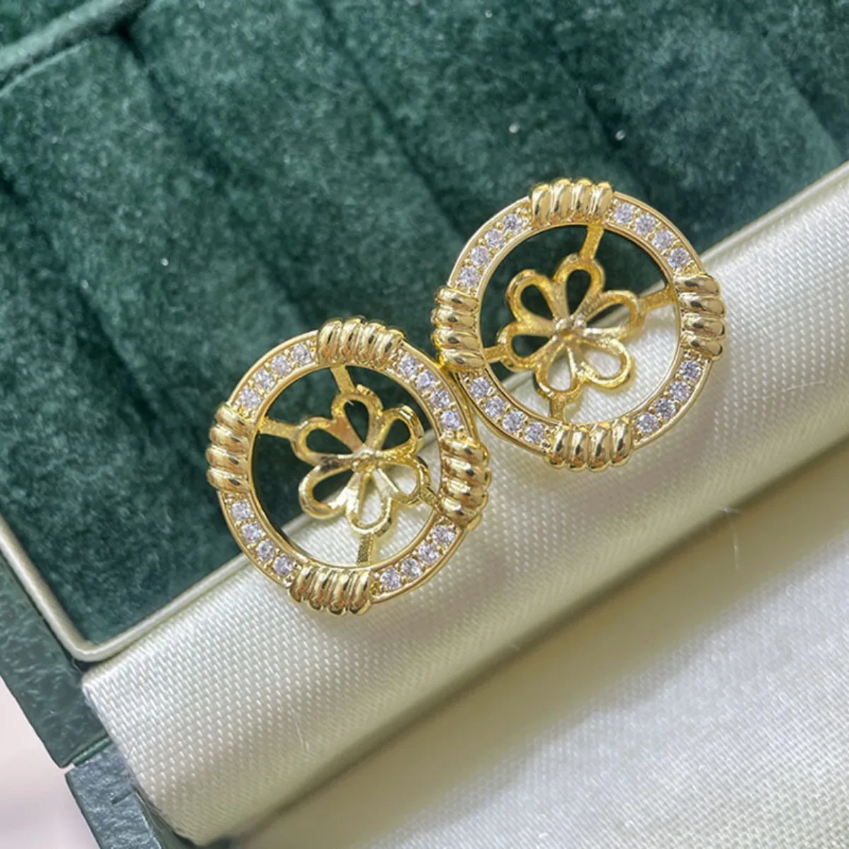 High End Vintage Women Brass Gold Filled Micro Pave CZ Blank Setting Handmade Findings For DIY Pearl Stud Earring