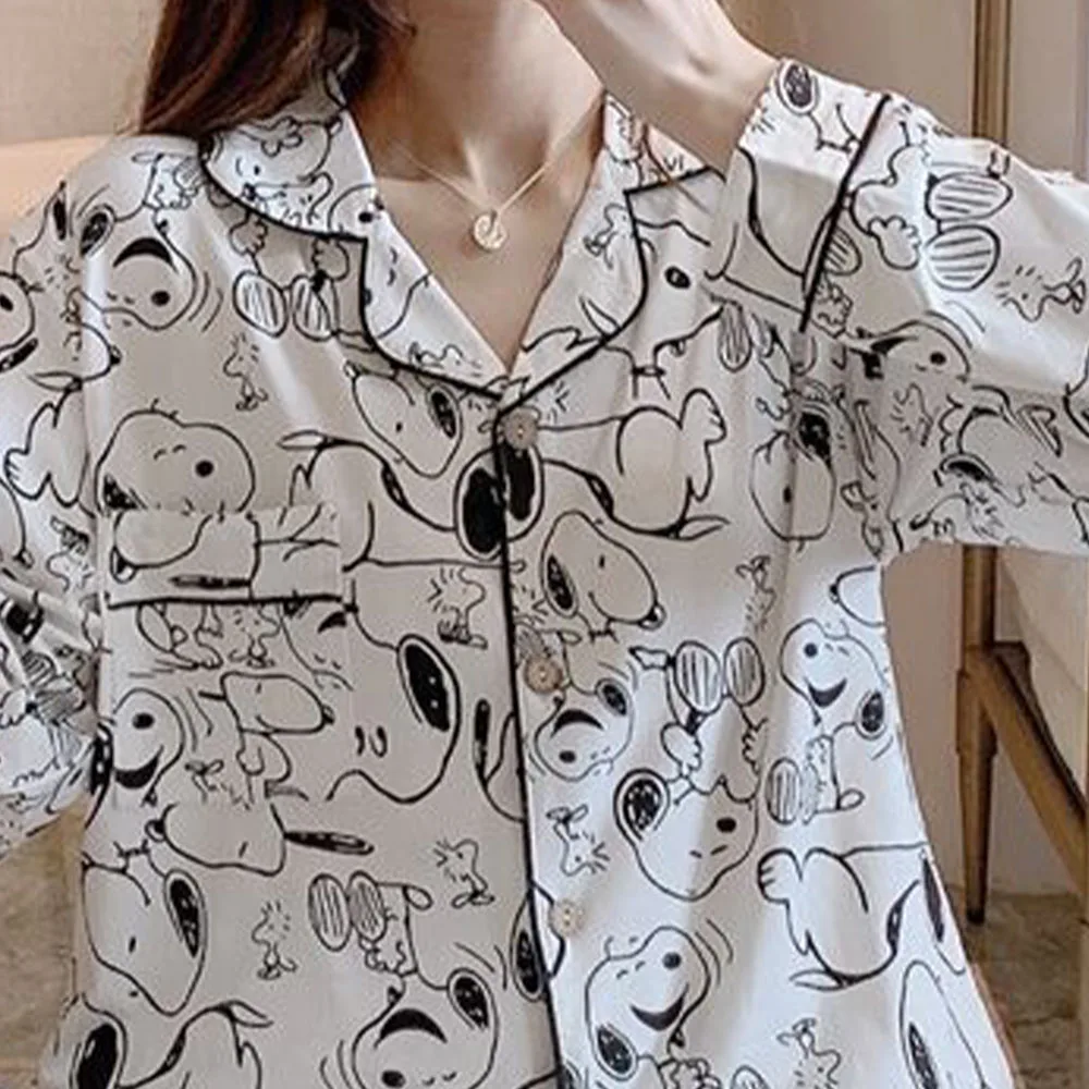 Women's Snoopy Pajama Set Cartoon Sketch Print Long Sleeve Button-Up Shirt + Pants Soft Loungewear Sleepwear for Ladies Kawaii
