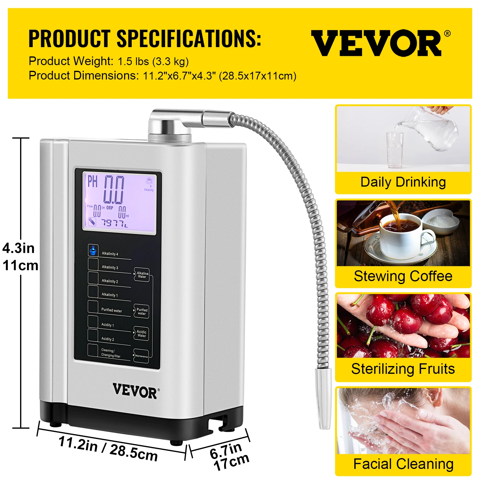 VEVOR 가전제품용 알칼리성 물 이온화 장치, PH3.5-10.5 수소 발생기, 음주 정수기 필터, 7 가지 물 설정