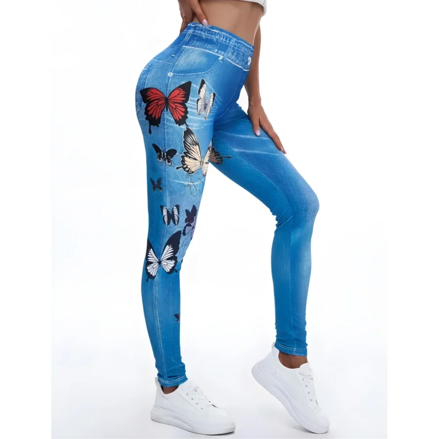 Women\'s Denim Butterfly Printed  Sleeping Pants Summer Casual Solid Color Comfortable Loose Spring and Autumn Home Pants