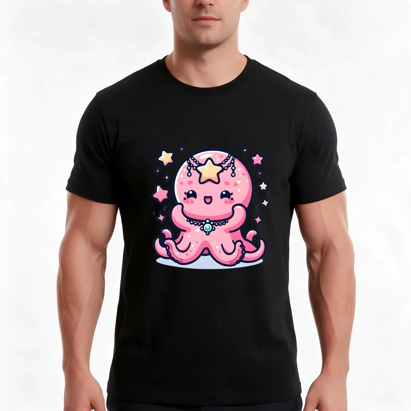 Kawaii Blushing Kraken With A Celestial Necklace T-Shirt, Summer Casual Cotton Tee, Oversized Streetwear Tops, Unisex Men Women