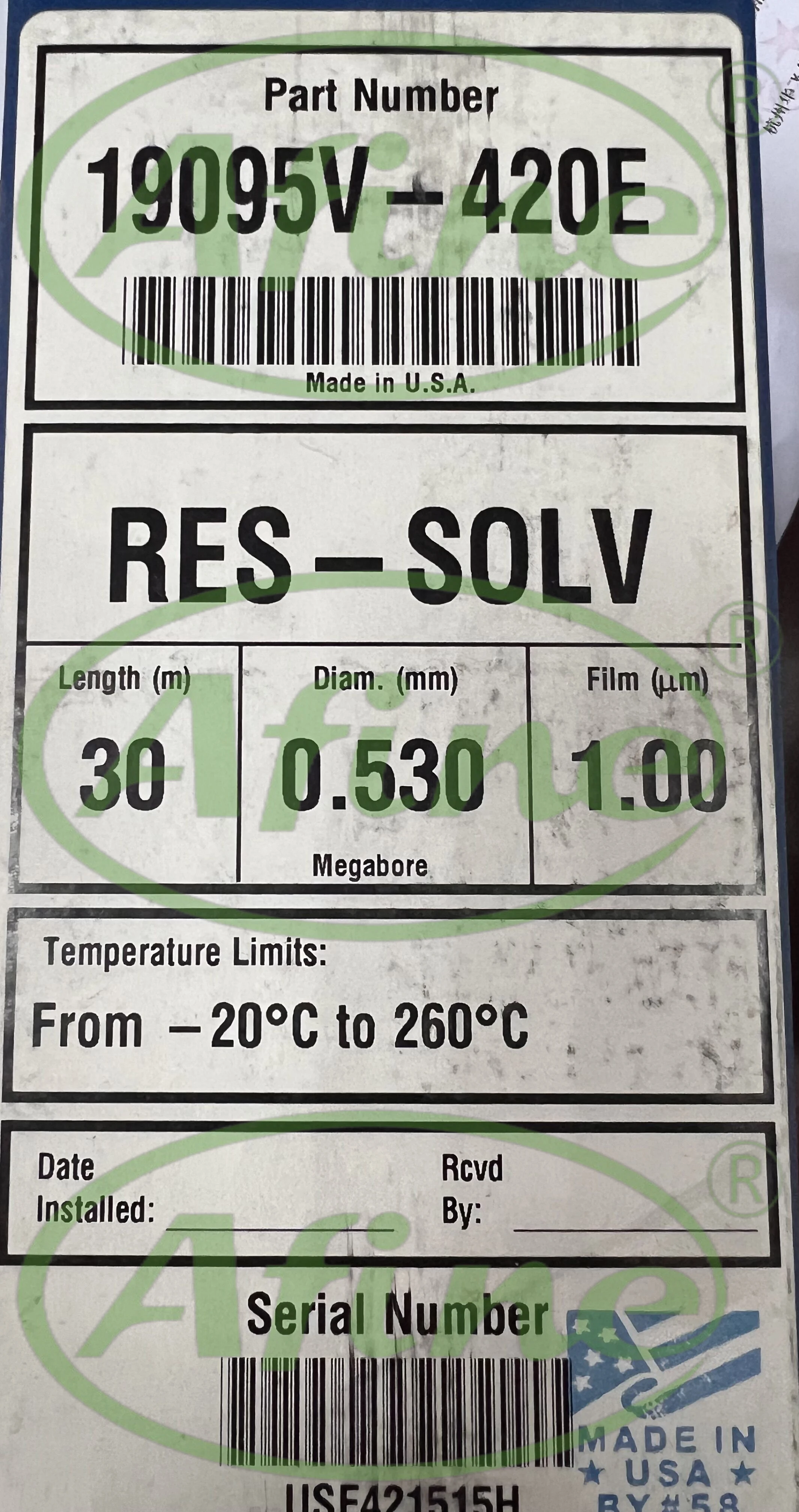 

AFINE Agilent 19095V-420E J&W HP-Fast Residual Solvent GC Column, 30 m, 0.53 mm, 1.00 µm, 5-inch Cage