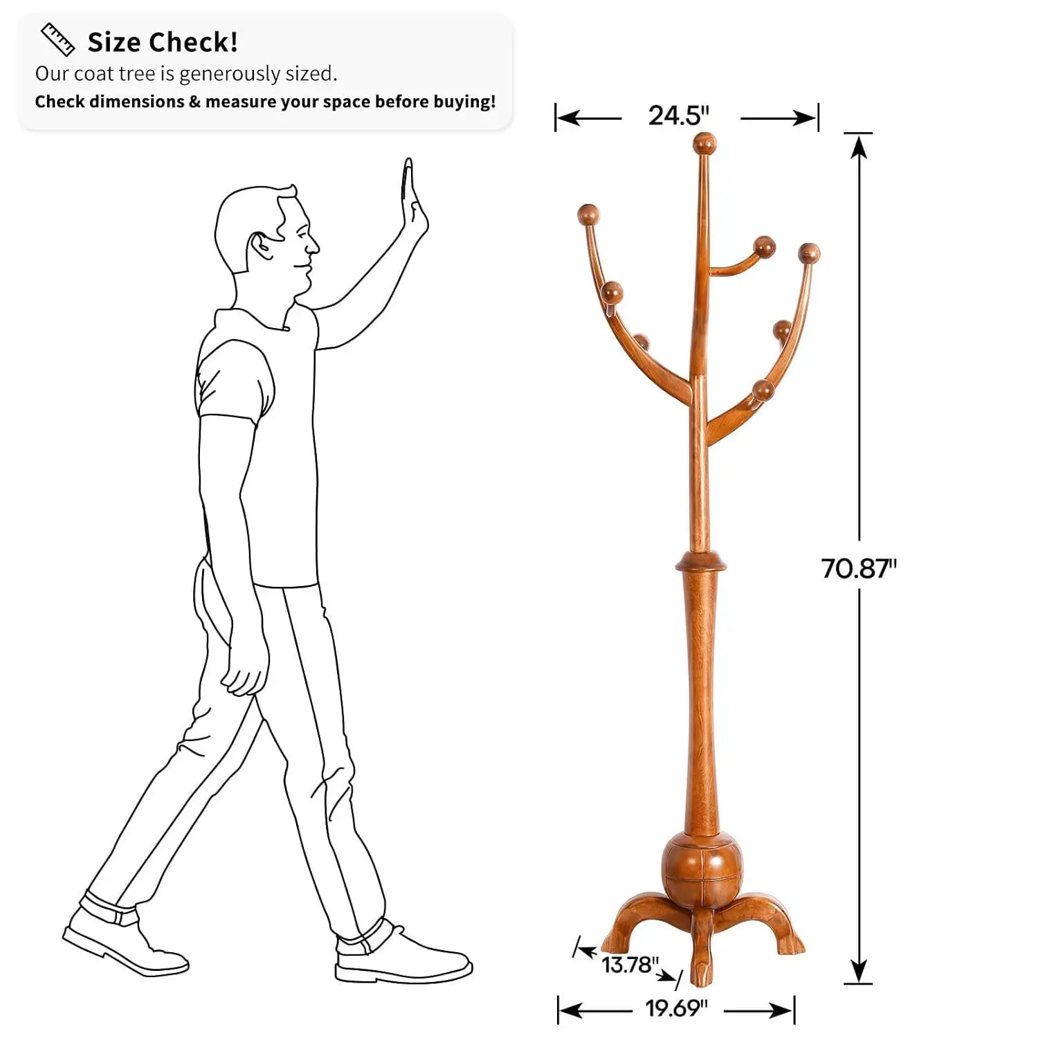Wood Coat Rack Freestanding with Stable Sphere Base, Light Brown, Customized