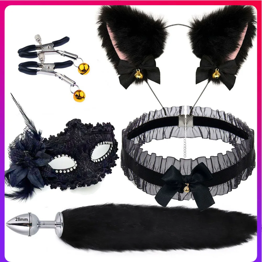 Cosplay Fox Tail Set Prop Sex Accessory Fox Shape Furry Tail Collar Ear Hairband Set with Bow-knot Bell Decor Sex Toys for Women